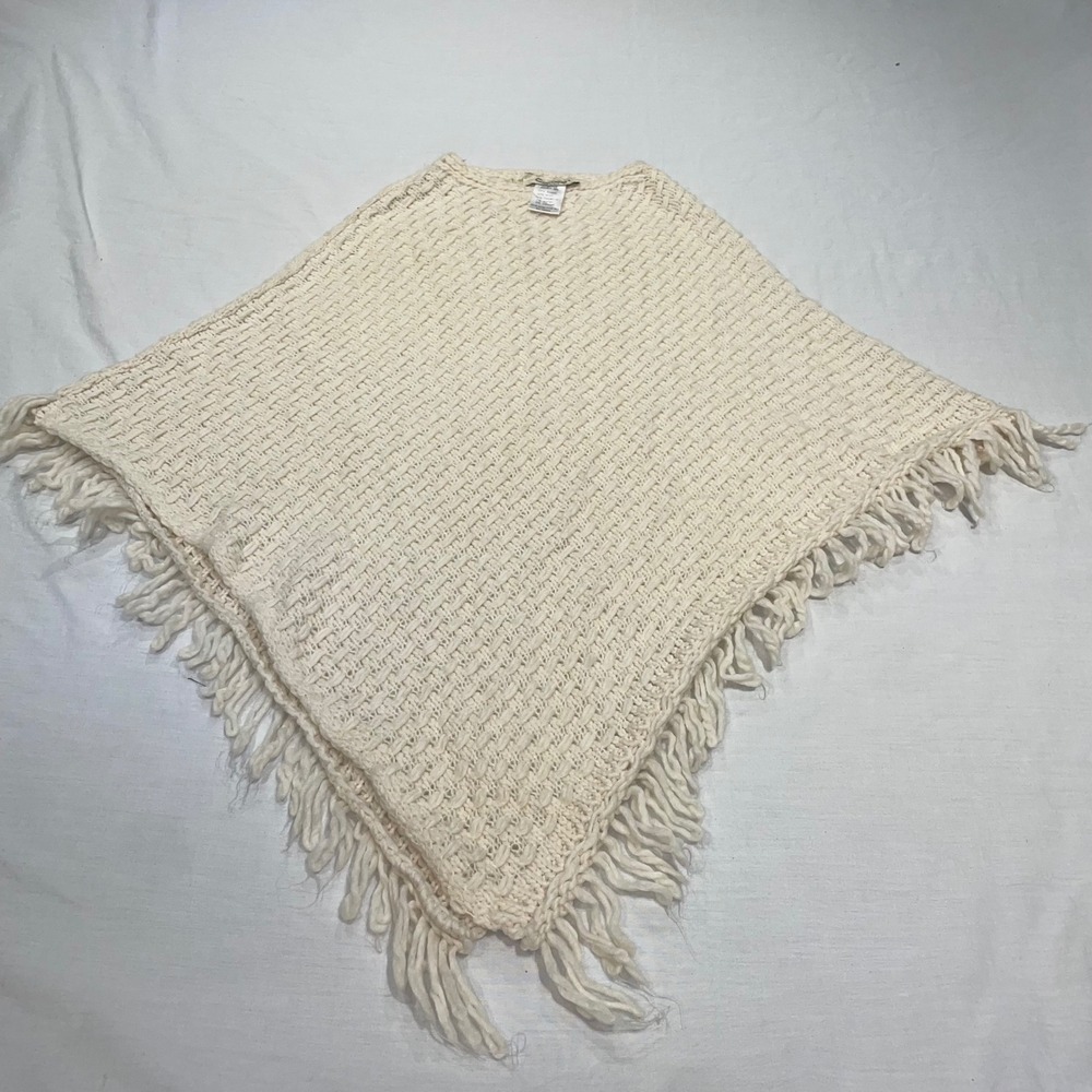 Cocogio Italy Cream Wool Mohair Blend Knit Fringe Poncho Wrap One Size